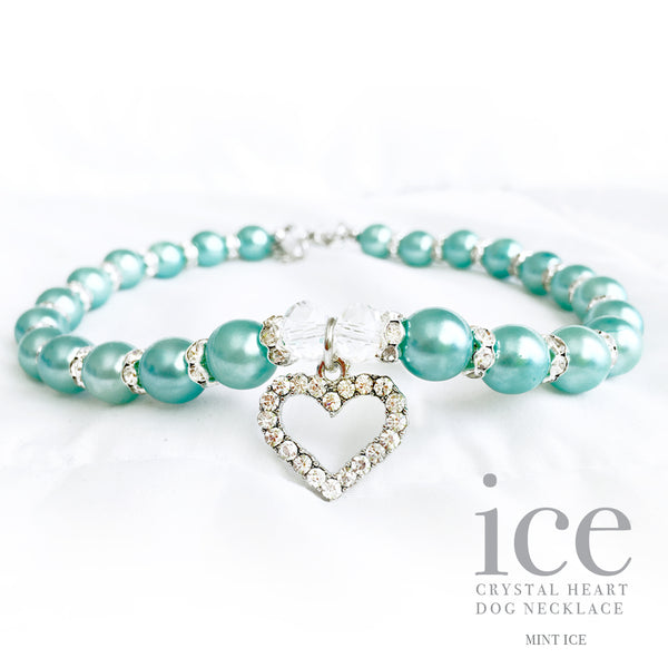Ice-Mint Pearl and Heart Dog Collar Necklace, Dog Jewelry