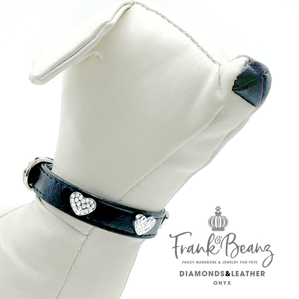 Diamond Hearts Black Faux Leather Pet Collar for Small Medium Dogs