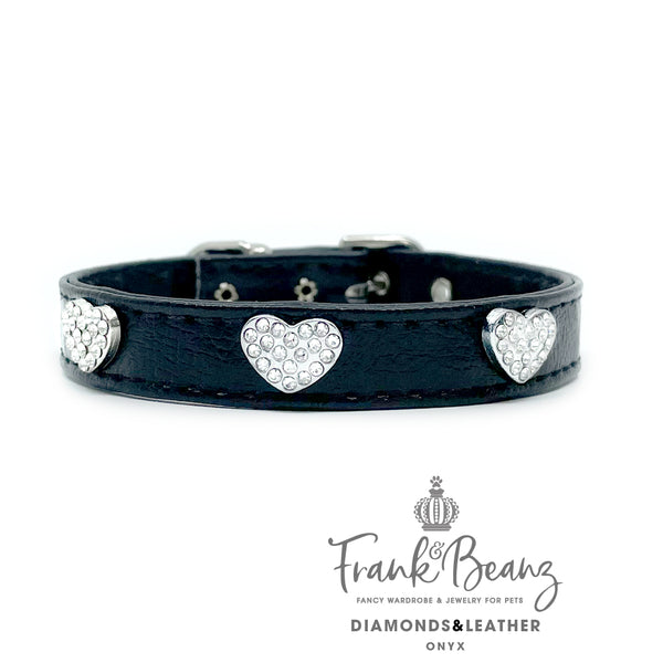 Diamond Hearts & Black Faux Leather Pet Collar for Small Dogs Medium Dogs