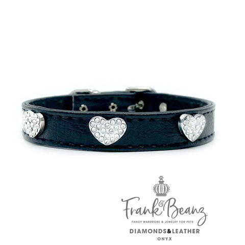 Diamond Hearts Black Faux Leather Pet Collar for Small Medium Dogs