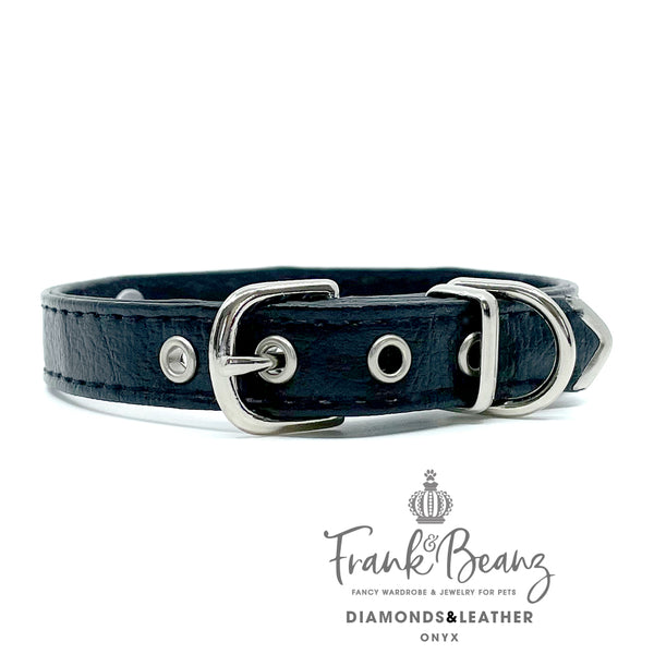 Diamond Hearts Black Faux Leather Pet Collar for Small Medium Dogs