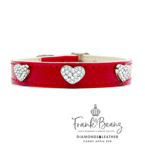 Diamond Hearts Cherry Red Faux Leather Dog Collar for Small Medium Dogs