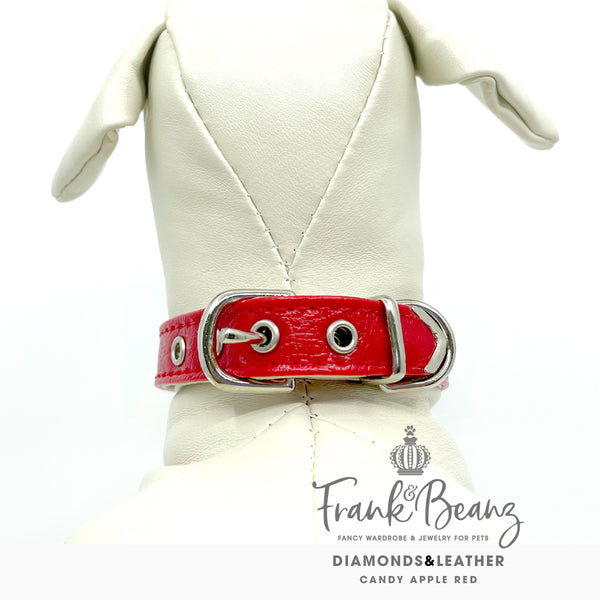Diamond Hearts Cherry Red Faux Leather Dog Collar for Small Medium Dogs