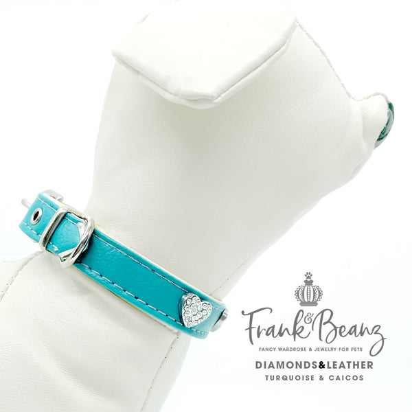Diamond Hearts & Turquoise Leather Pet Collar for Small Dogs Medium Dogs