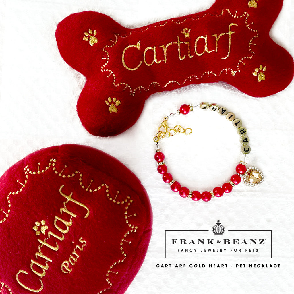 Cartiarf Ruby Red Gold Heart Dog Necklace with FREE Dog Toy Set