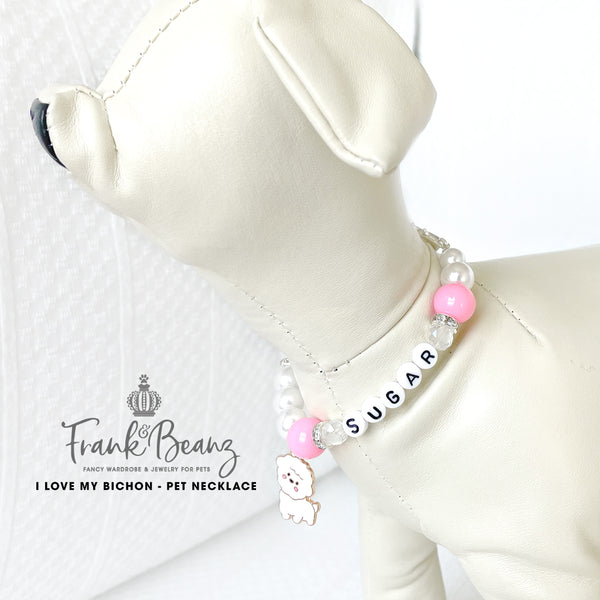 I Love My Bichon Dog Necklace Pearl Dog Collar Jingle Bell Charm