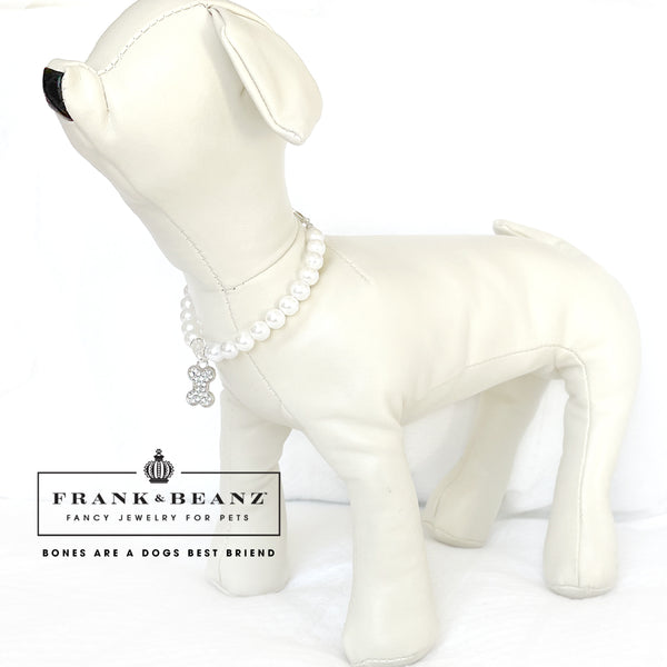 Rhinestone Dog Bone Pearl Pet Necklace with Bell