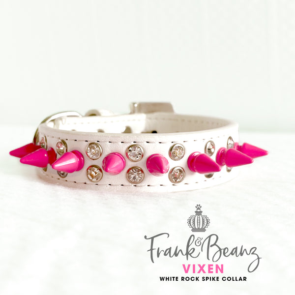 Vixen Punk'd Out Rock Out Spiked Dog Collar White Faux Leather Diamond