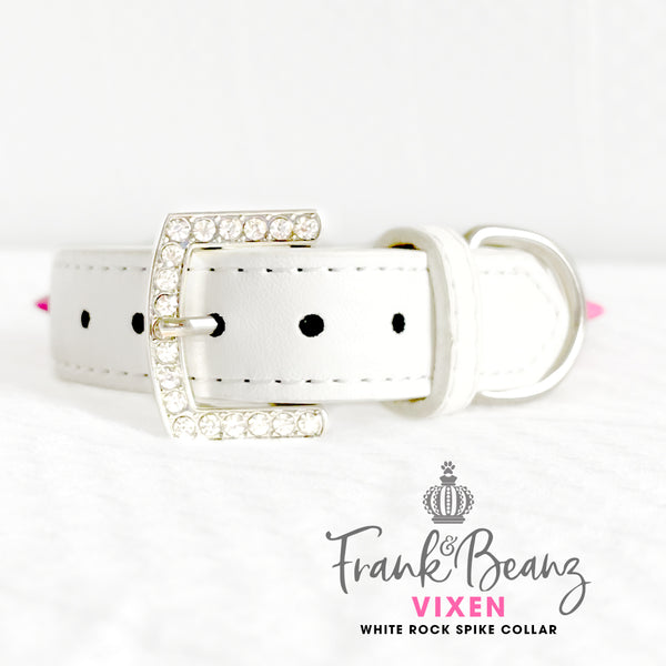 Vixen Punk'd Out Rock Out Spiked Dog Collar White Faux Leather Diamond