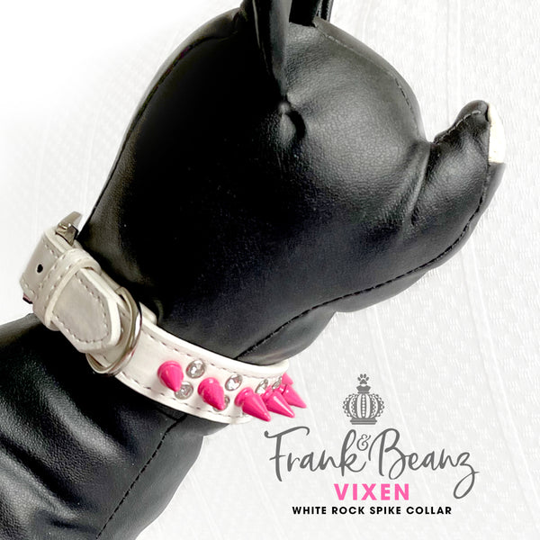 Vixen Punk'd Out Rock Out Spiked Dog Collar White Faux Leather Diamond
