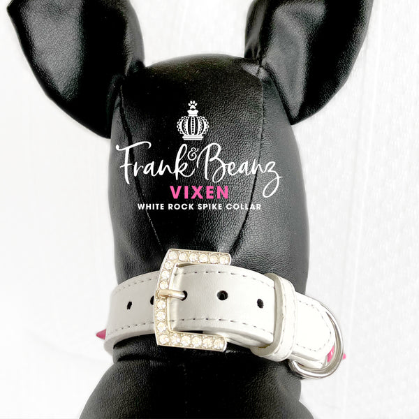 Vixen Punk'd Out Rock Out Spiked Dog Collar White Faux Leather Diamond